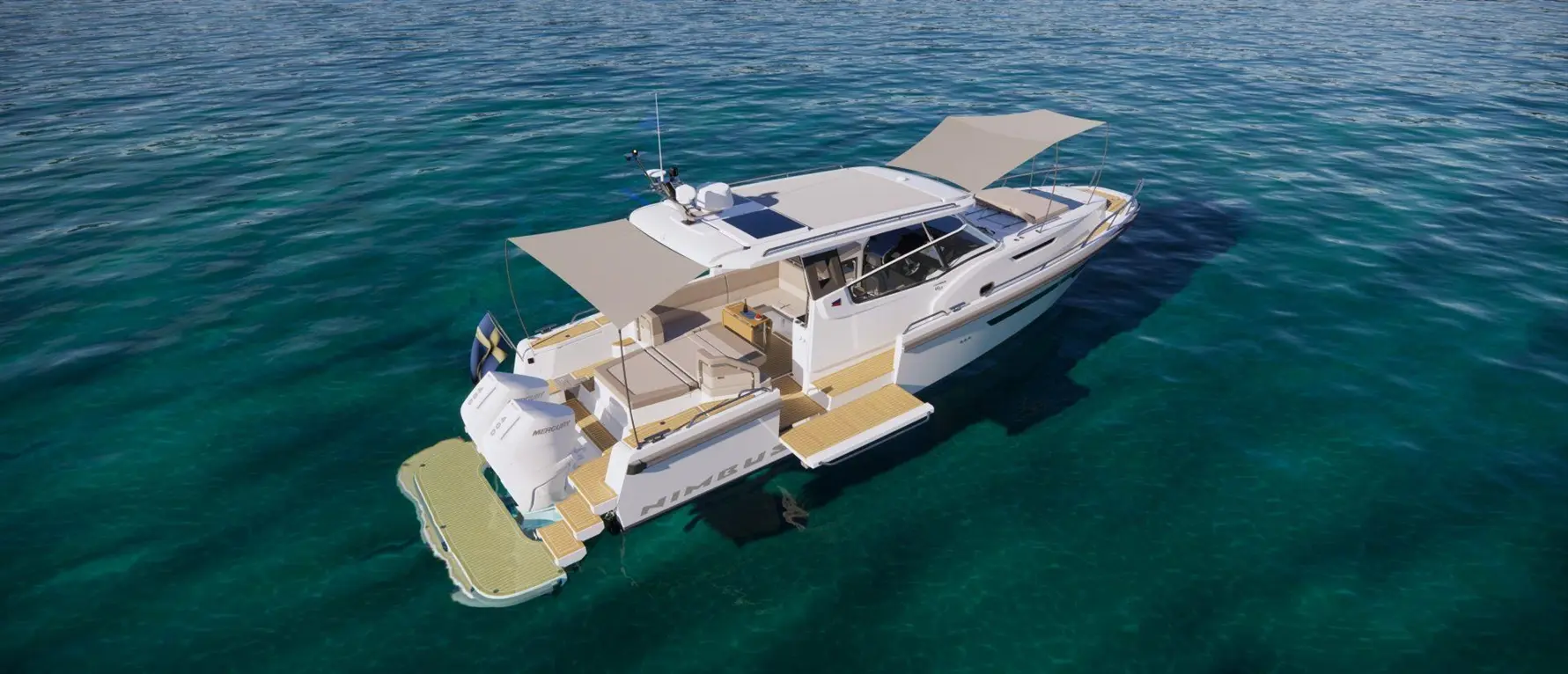 A luxury Nimbus boat anchored in clear blue water, featuring a shaded deck and twin Mercury engines at the stern.